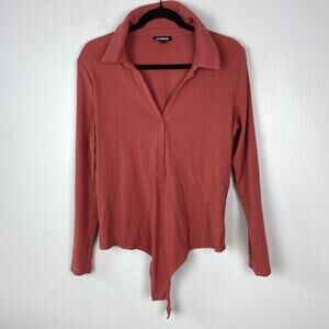 Express Collared Long Sleeve Bodysuit Henley‎ Button Ribbed Pink Mauve Size XL